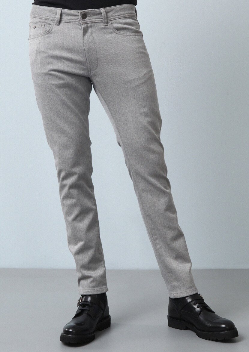 Grey Weaving Slim Fit Casual Cotton Blended Trousers - 2