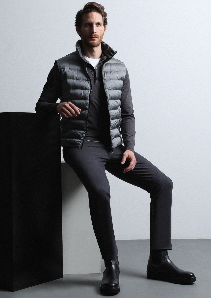 Grey Weaving Slim Fit Casual Cotton Blended Trousers - 1