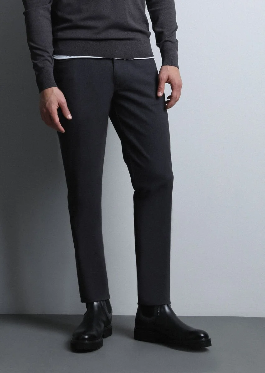Grey Weaving Slim Fit Casual Cotton Blended Trousers - 2