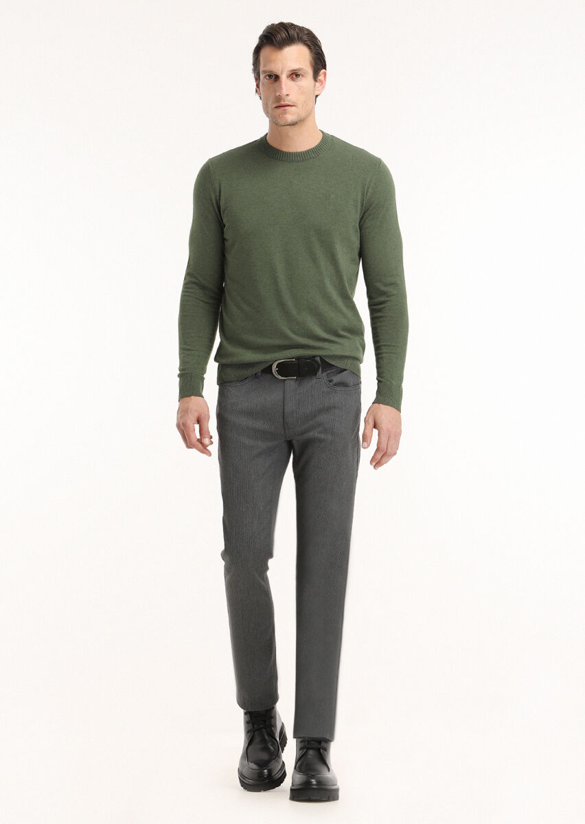 Grey Weaving Slim Fit Casual Cotton Blended Trousers - 1