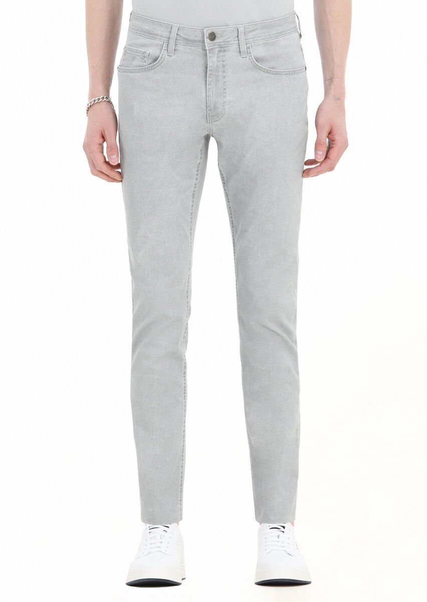 Grey Weaving Slim Fit Casual Cotton Blended Trousers - 2