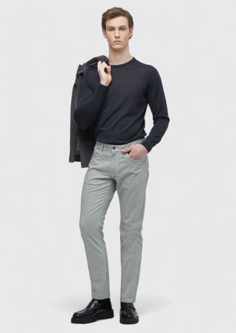 Grey Weaving Slim Fit Casual Cotton Blended Trousers 