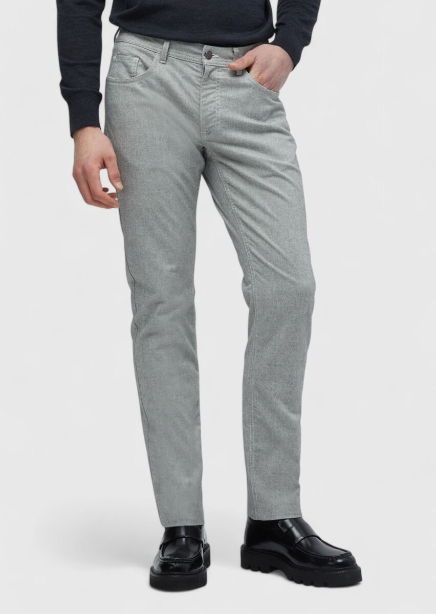 Grey Weaving Slim Fit Casual Cotton Blended Trousers - 3