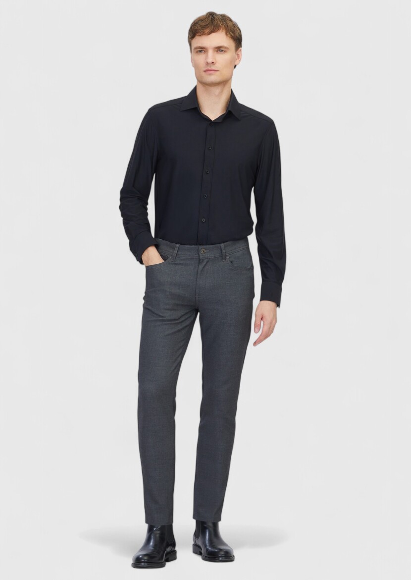 Grey Weaving Slim Fit Casual Trousers - 1