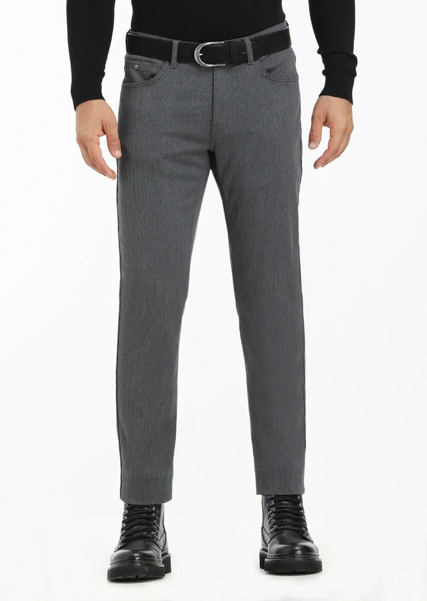 Grey Weaving Slim Fit Casual Trousers - 2