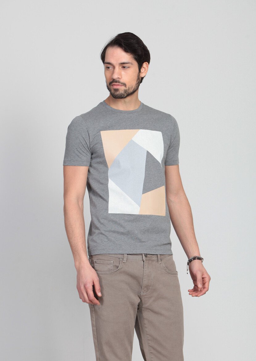 Gri Baskılı %100 Pamuk T-Shirt - 1