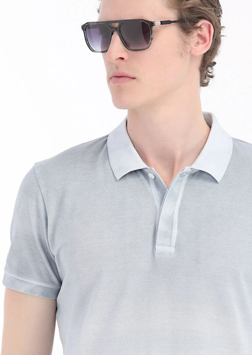 Gri Baskılı Polo Yaka %100 Pamuk T-Shirt - 3