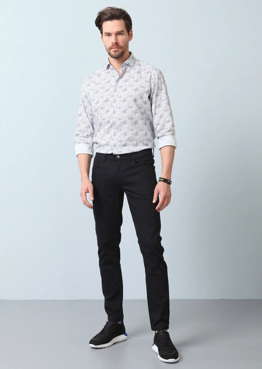 Gri Baskılı Regular Fit Dokuma Casual %100 Pamuk Gömlek - 5