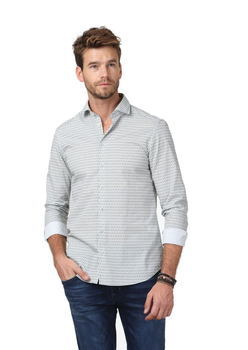 Gri Baskılı Slim Fit Dokuma Casual %100 Pamuk Gömlek - 1