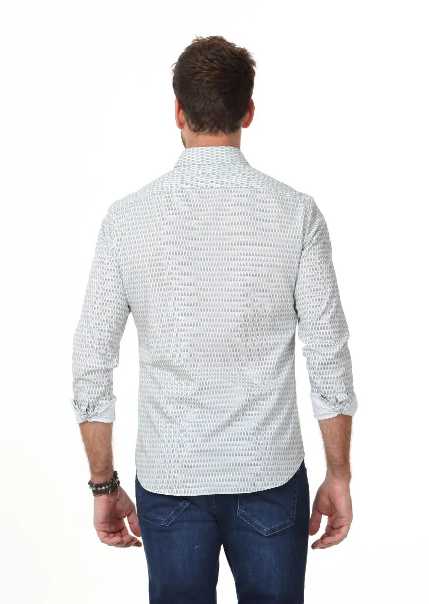 Gri Baskılı Slim Fit Dokuma Casual %100 Pamuk Gömlek - 4