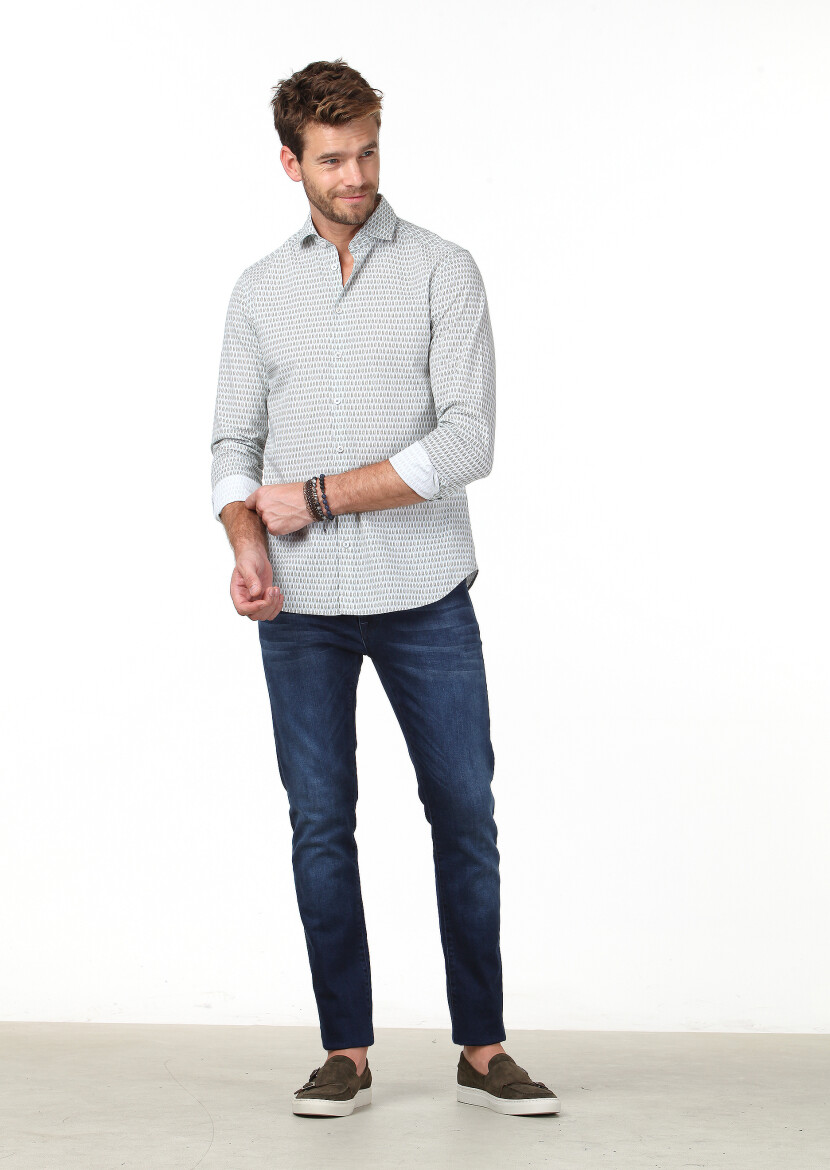 Gri Baskılı Slim Fit Uzun Dokuma Casual %100 Pamuk Gömlek - 2