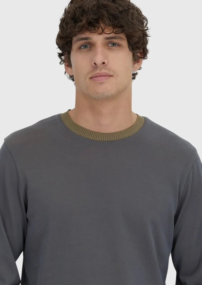 Gri Bisiklet Yaka Düz Sweatshırt - 3