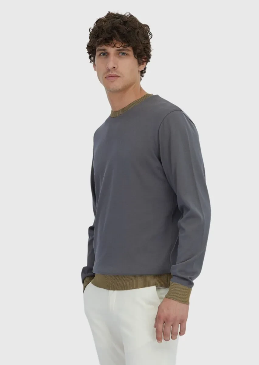 Gri Bisiklet Yaka Düz Sweatshırt - 4