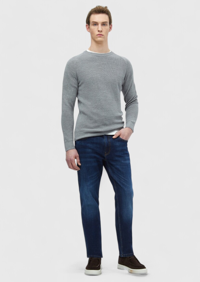 Gri Bisiklet Yaka Jakarlı Yün Karışımlı Triko Kazak - RAMSEY