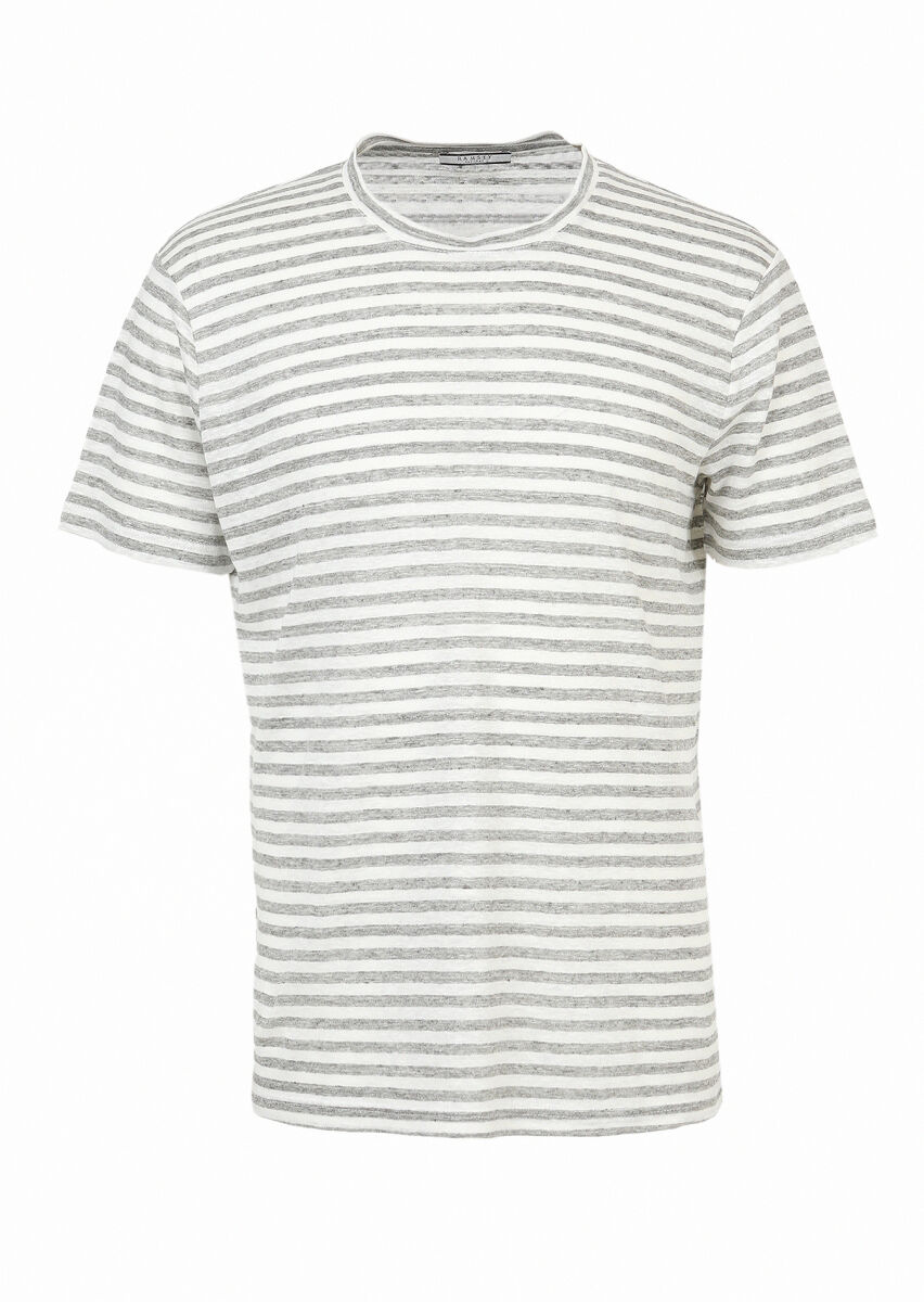 Gri Çizgili Bisiklet Yaka %100 Keten T-Shirt - 1