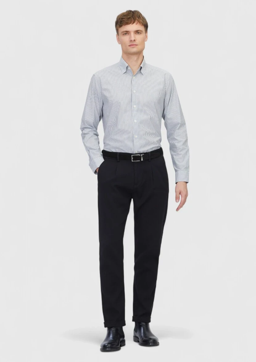 Gri Çizgili Casual Fit Dokuma Casual %100 Pamuk Gömlek - 2