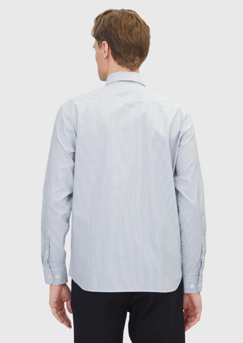 Gri Çizgili Casual Fit Dokuma Casual %100 Pamuk Gömlek - 6