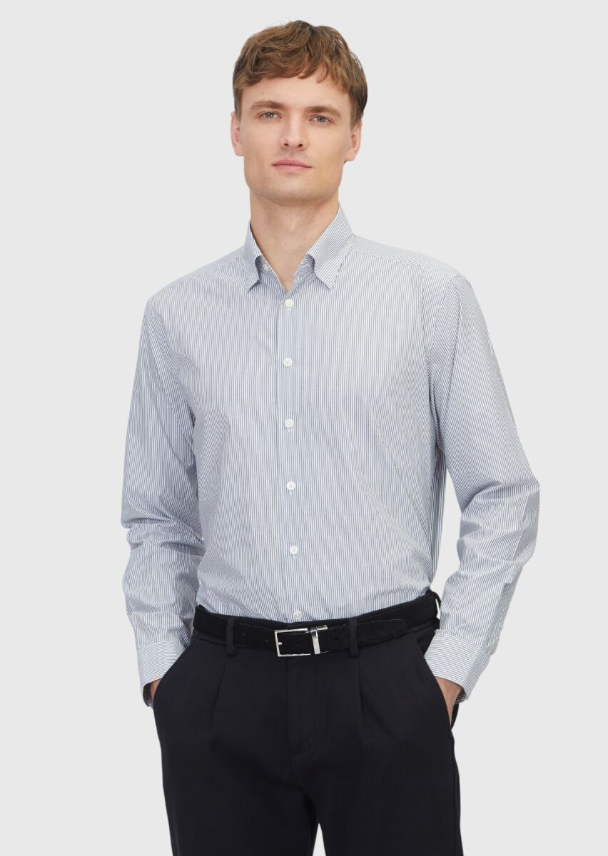 Gri Çizgili Casual Fit Uzun Dokuma Casual %100 Pamuk Gömlek - 1