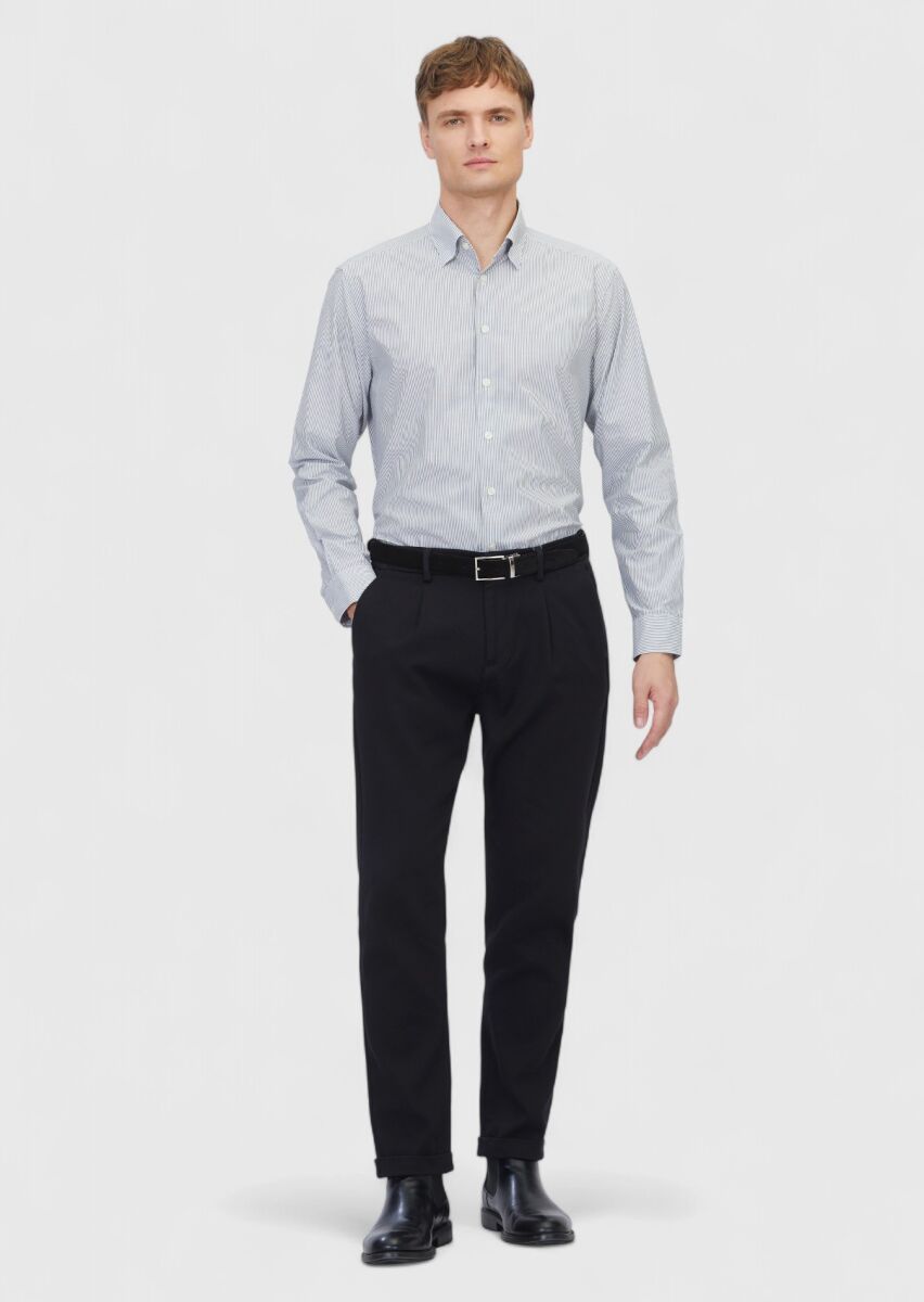 Gri Çizgili Casual Fit Uzun Dokuma Casual %100 Pamuk Gömlek - 2