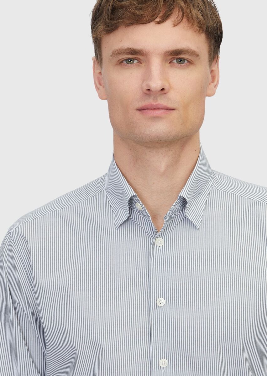 Gri Çizgili Casual Fit Uzun Dokuma Casual %100 Pamuk Gömlek - 3