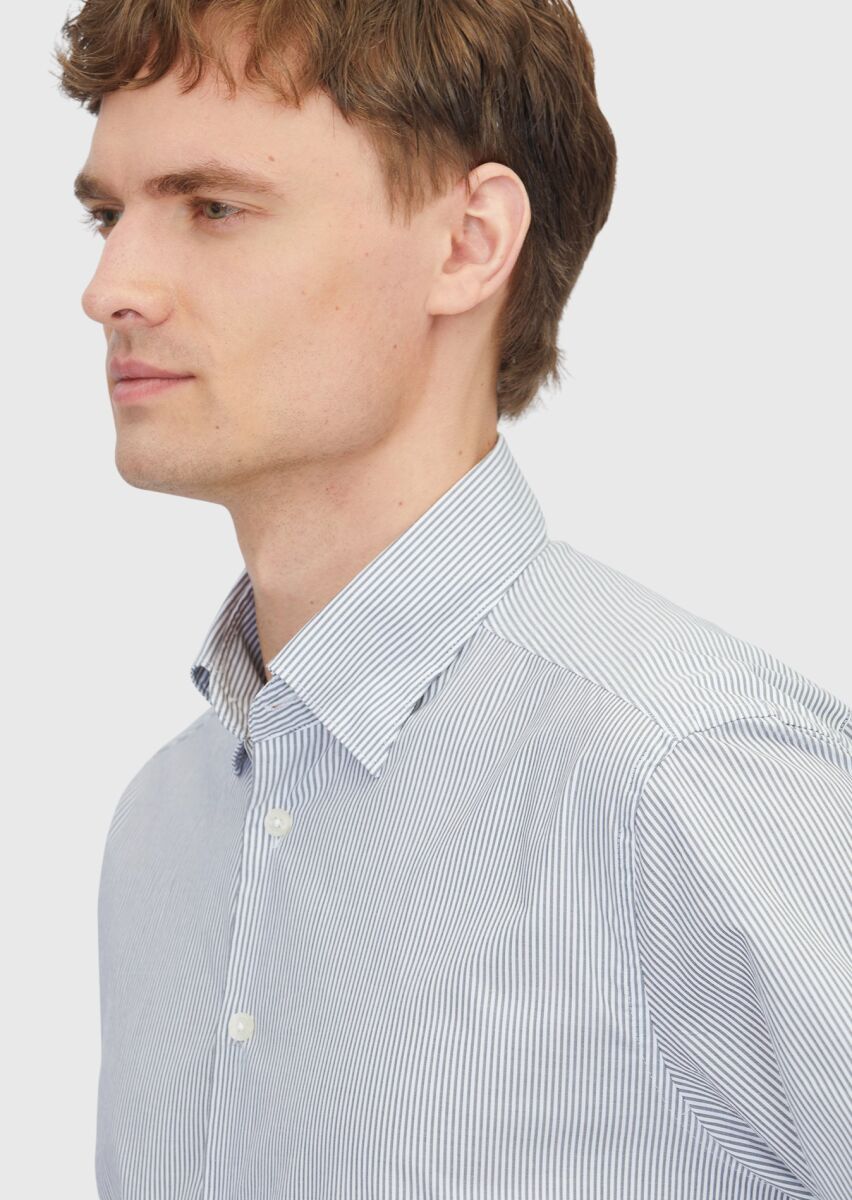 Gri Çizgili Casual Fit Uzun Dokuma Casual %100 Pamuk Gömlek - 4