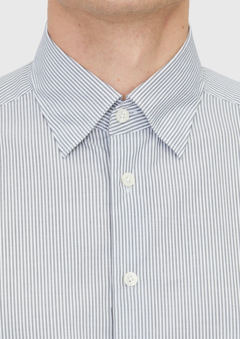 Gri Çizgili Casual Fit Uzun Dokuma Casual %100 Pamuk Gömlek - 5