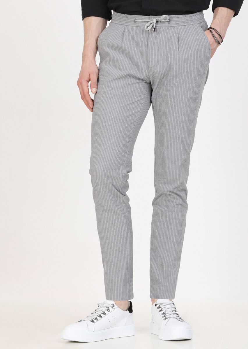 Gri Çizgili Dokuma Jogging Fit Casual Pamuk Karışımlı Pantolon - 1