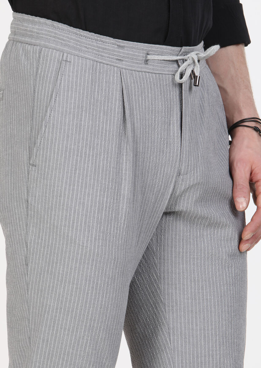 Gri Çizgili Dokuma Jogging Fit Casual Pamuk Karışımlı Pantolon - 3