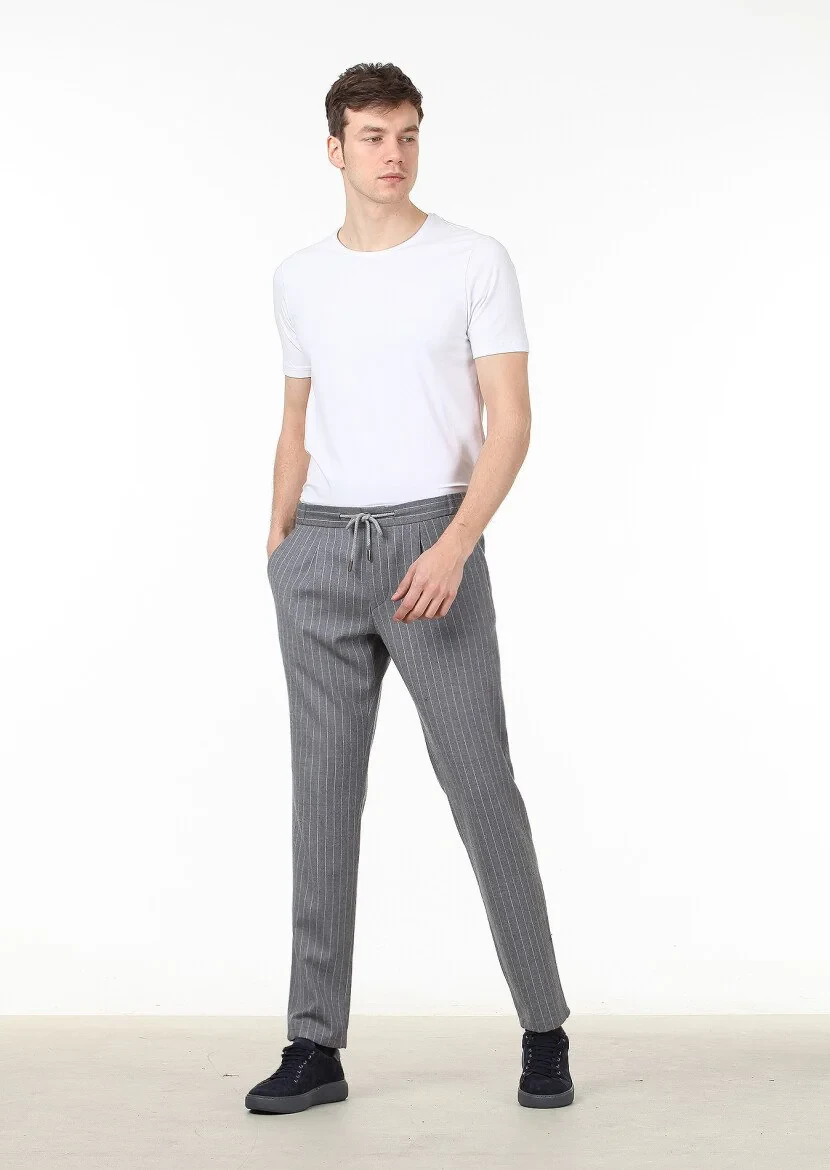 Gri Çizgili Dokuma Jogging Fit Casual Yün Karışımlı Pantolon - 1