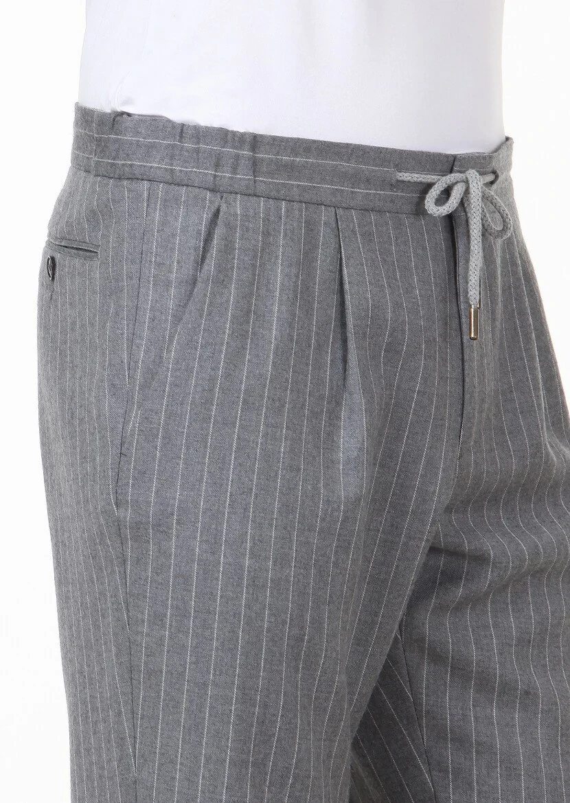 Gri Çizgili Dokuma Jogging Fit Casual Yün Karışımlı Pantolon - 3