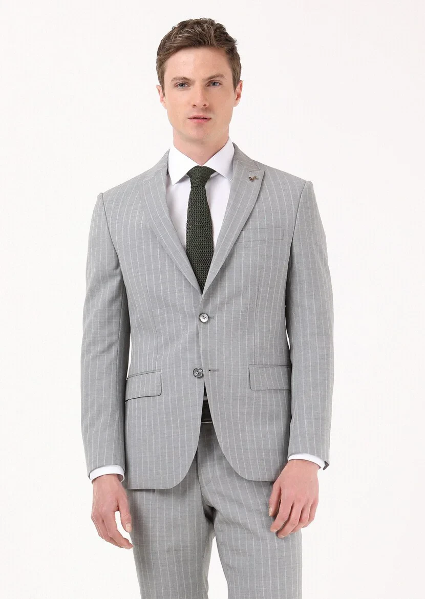 Gri Çizgili Modern Fit %100 Yün Takım Elbise - 1