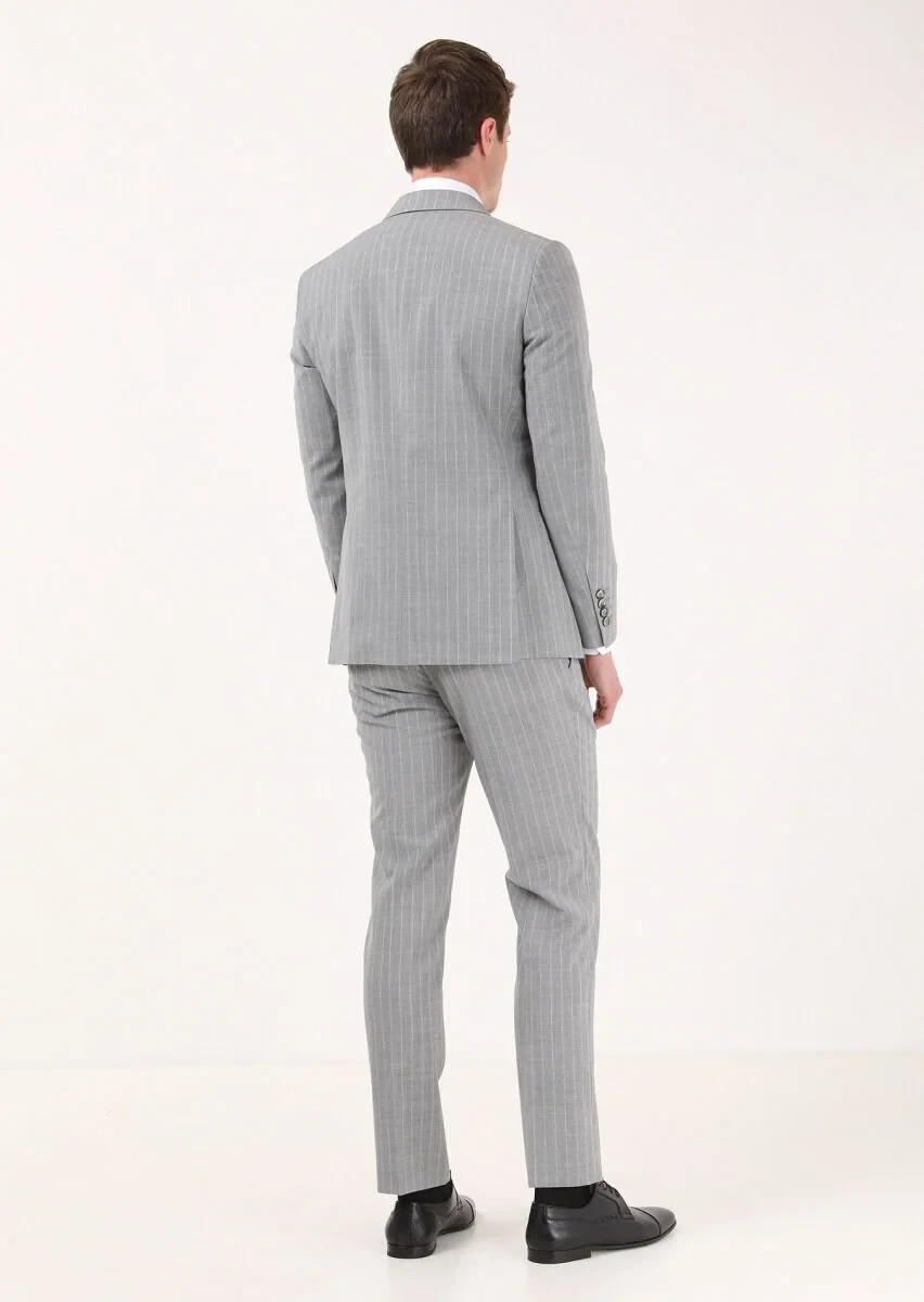 Gri Çizgili Modern Fit %100 Yün Takım Elbise - 4