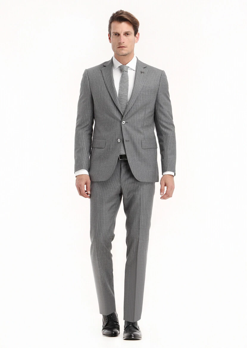Gri Çizgili Modern Fit %100 Yün Takım Elbise - 1