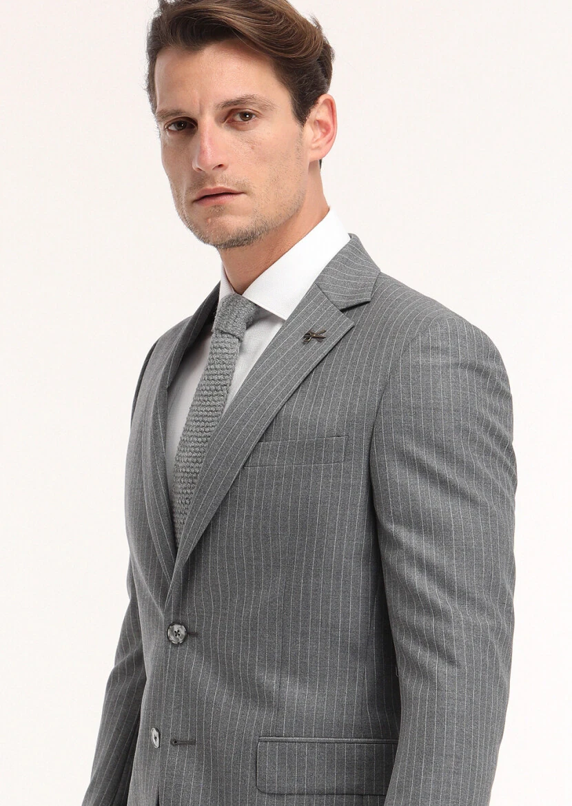 Gri Çizgili Modern Fit %100 Yün Takım Elbise - 2