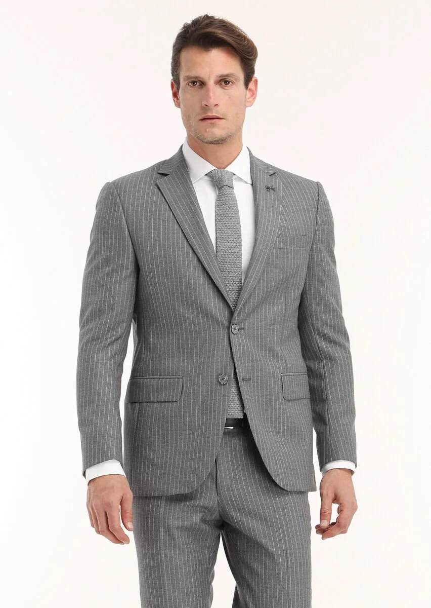 Gri Çizgili Modern Fit %100 Yün Takım Elbise - 3