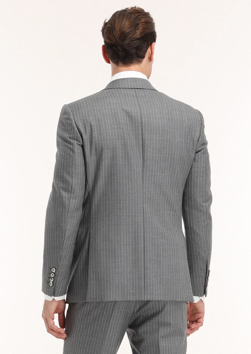 Gri Çizgili Modern Fit %100 Yün Takım Elbise - 4