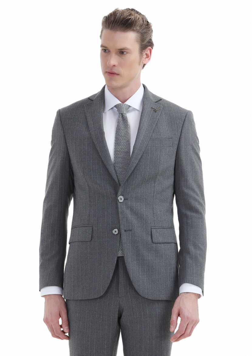 Gri Çizgili Modern Fit Yün Karışımlı Takım Elbise - 2