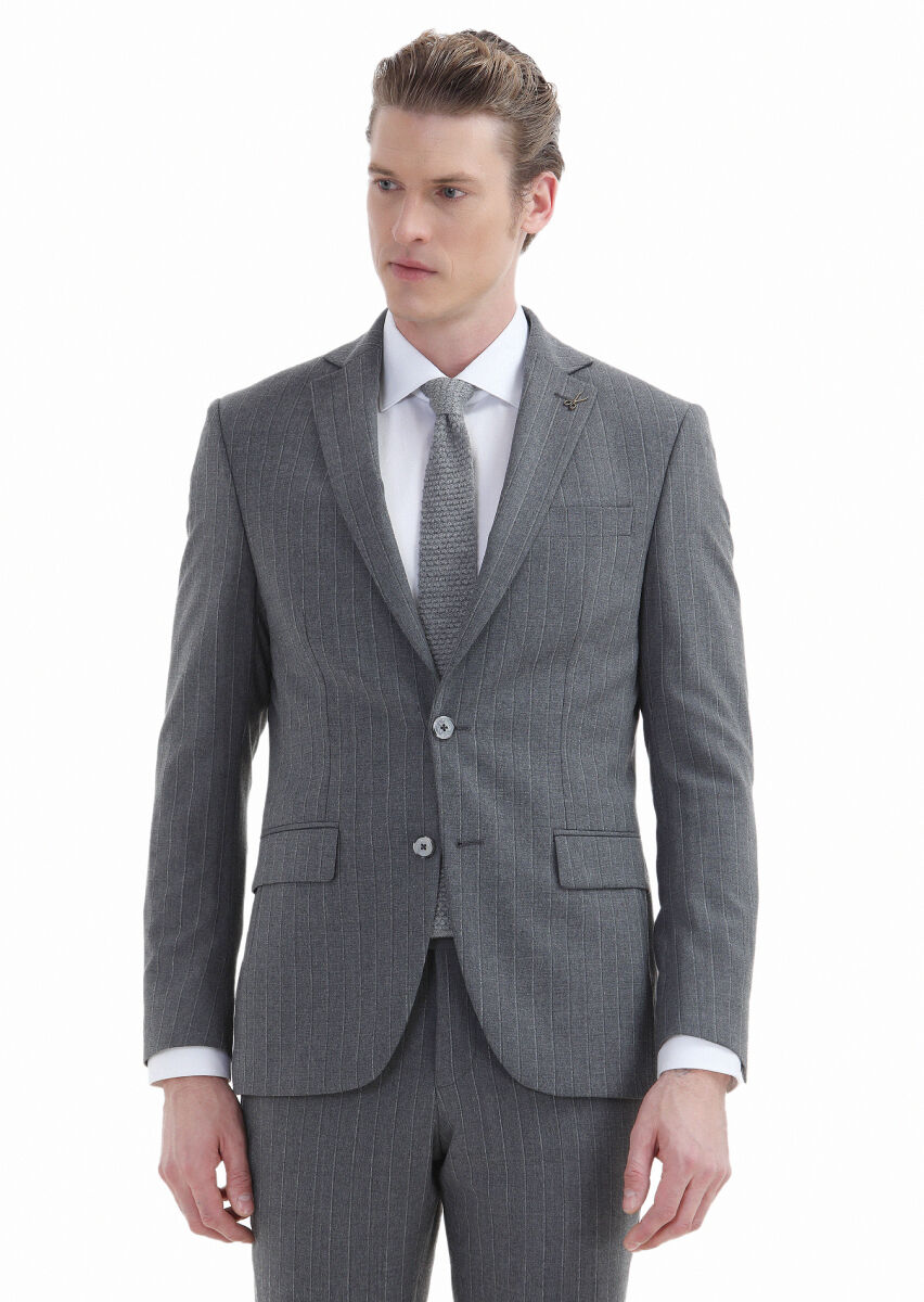 Gri Çizgili Modern Fit Yün Karışımlı Takım Elbise - 2