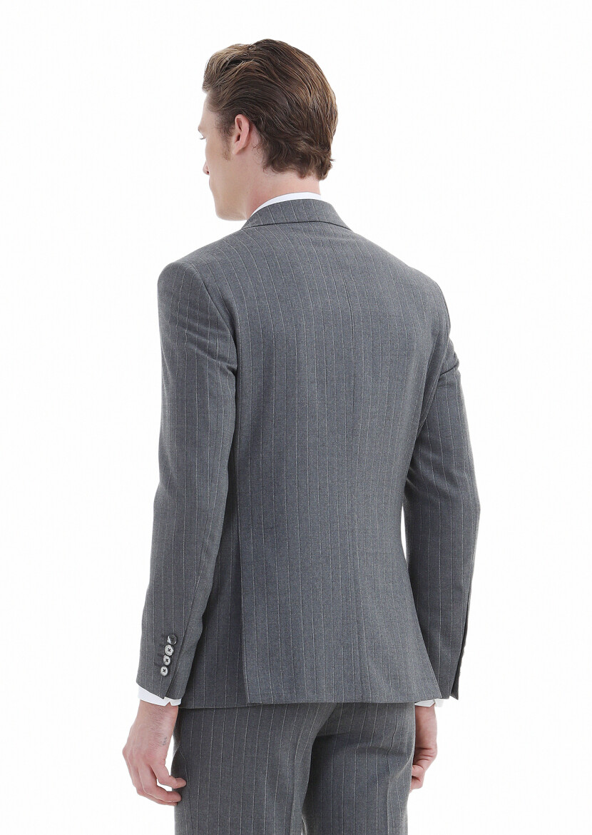 Gri Çizgili Modern Fit Yün Karışımlı Takım Elbise - 3