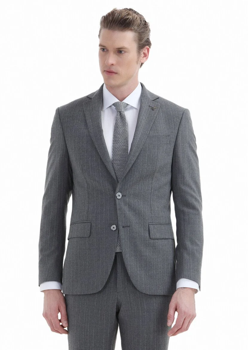 Gri Çizgili Modern Fit Yün Karışımlı Takım Elbise - 2