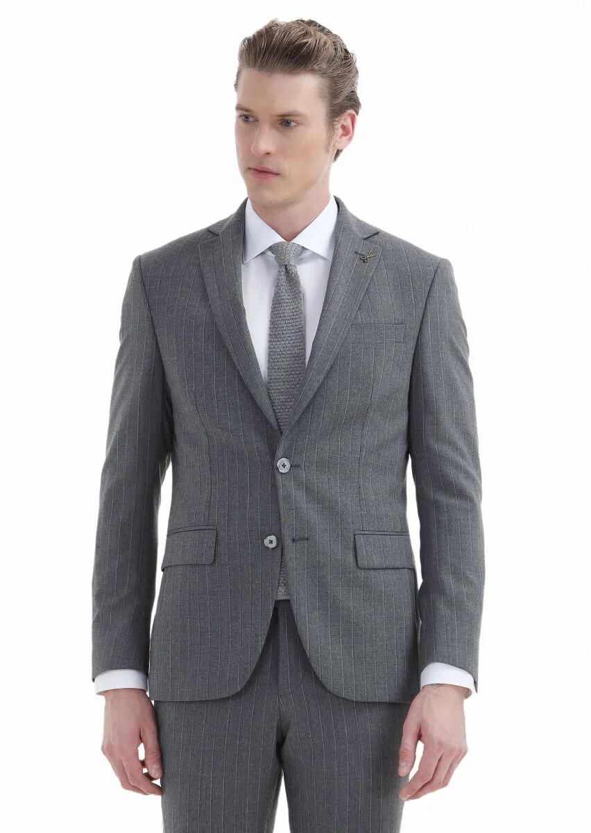 Gri Çizgili Modern Fit Yün Karışımlı Takım Elbise - 2
