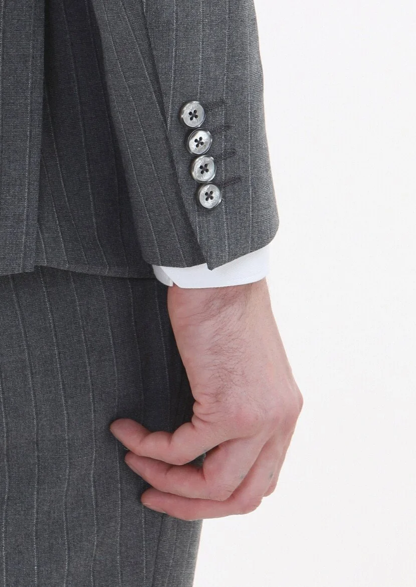 Gri Çizgili Modern Fit Yün Karışımlı Takım Elbise - 5