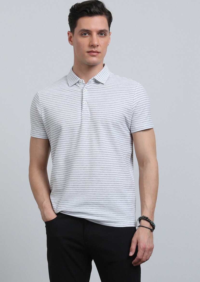 Gri Çizgili Polo Yaka %100 Pamuk T-Shirt - 3