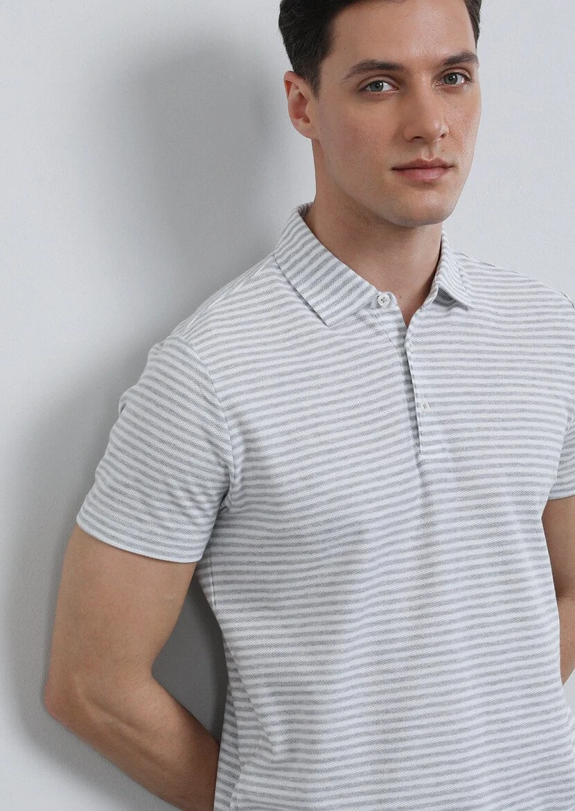 Gri Çizgili Polo Yaka %100 Pamuk T-Shirt 