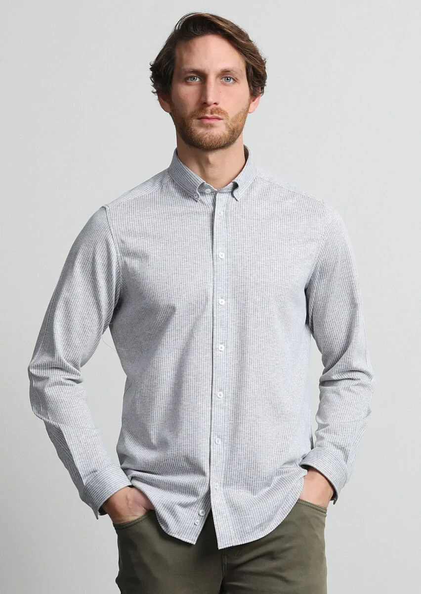 Gri Çizgili Regular Fit Casual %100 Pamuk Gömlek - 1