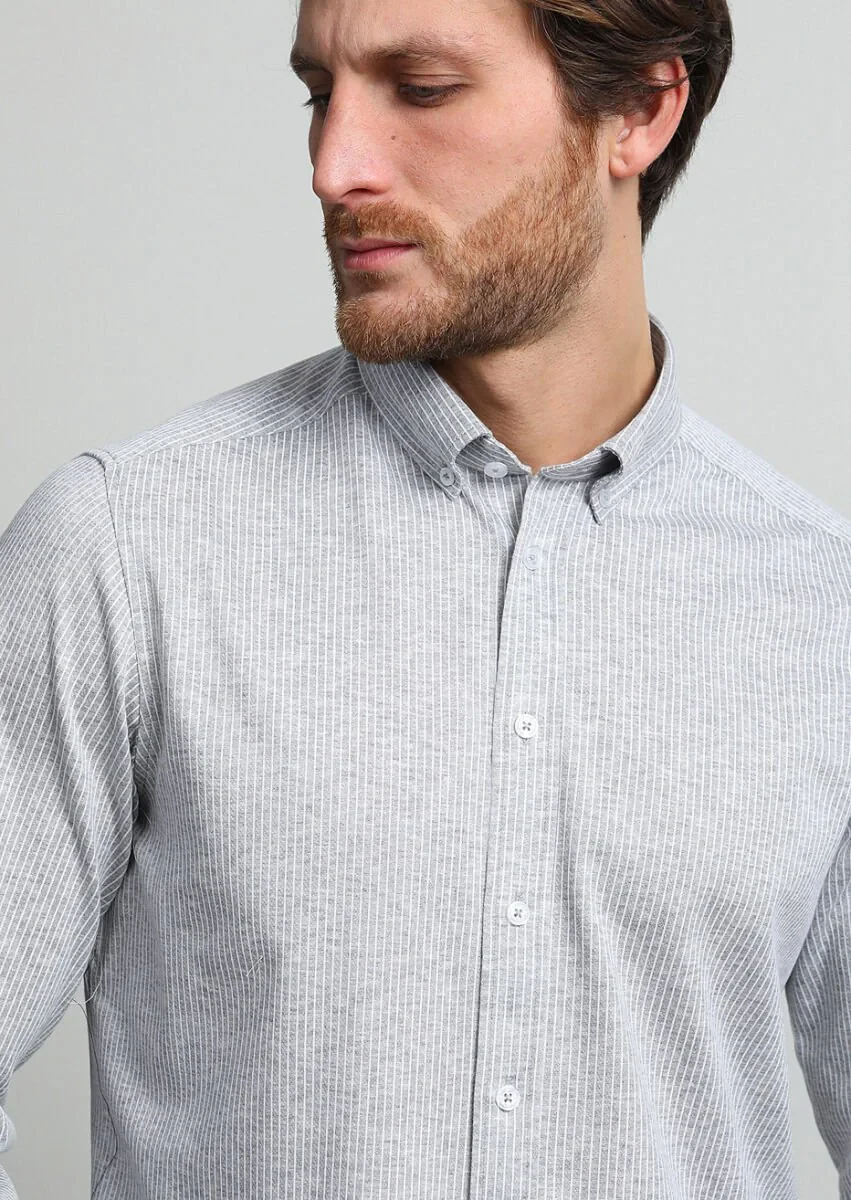 Gri Çizgili Regular Fit Casual %100 Pamuk Gömlek - 2
