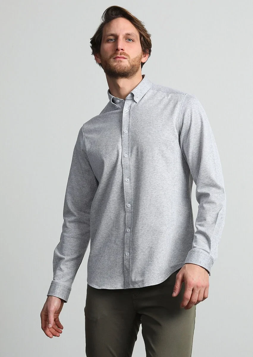 Gri Çizgili Regular Fit Casual %100 Pamuk Gömlek - 3