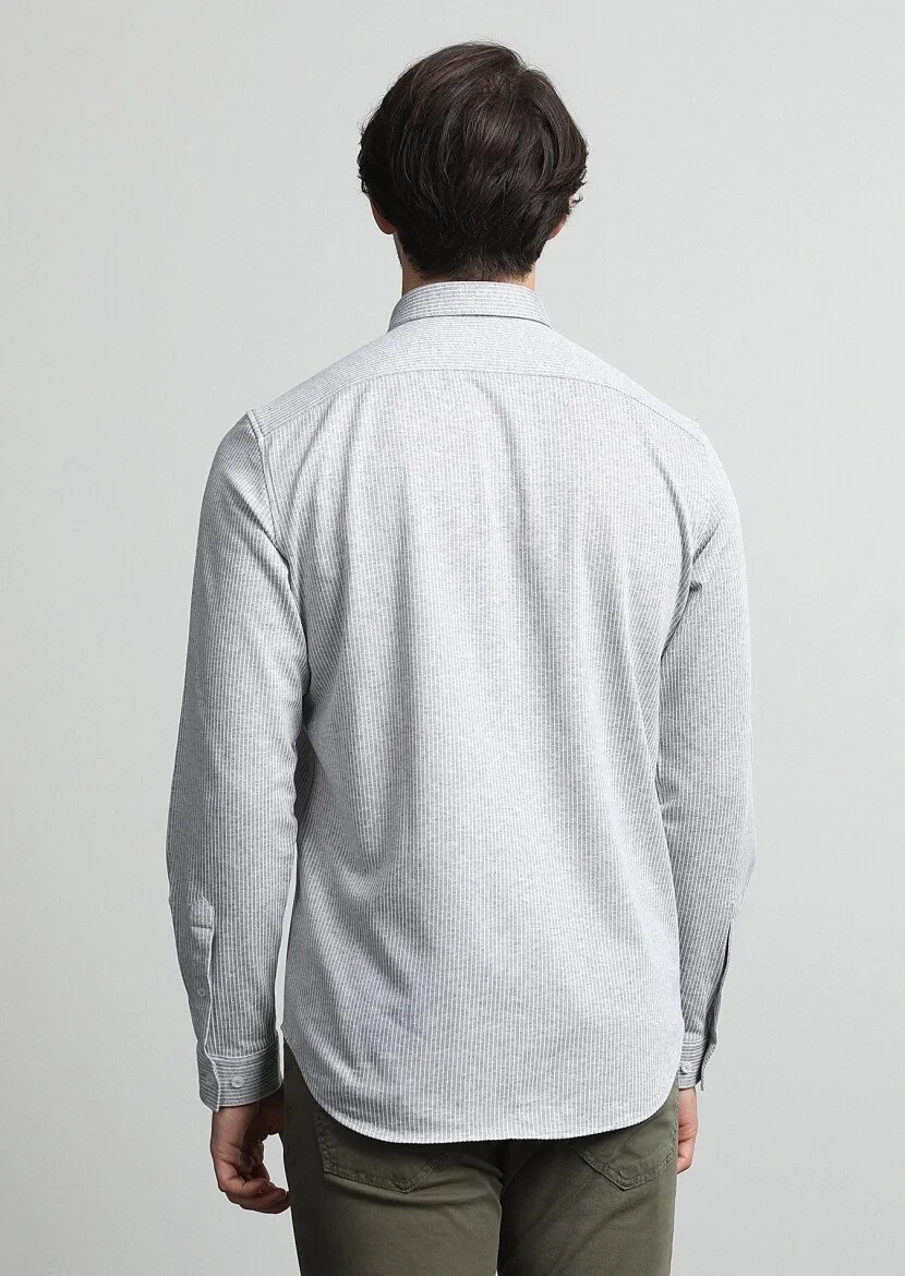Gri Çizgili Regular Fit Casual %100 Pamuk Gömlek - 4