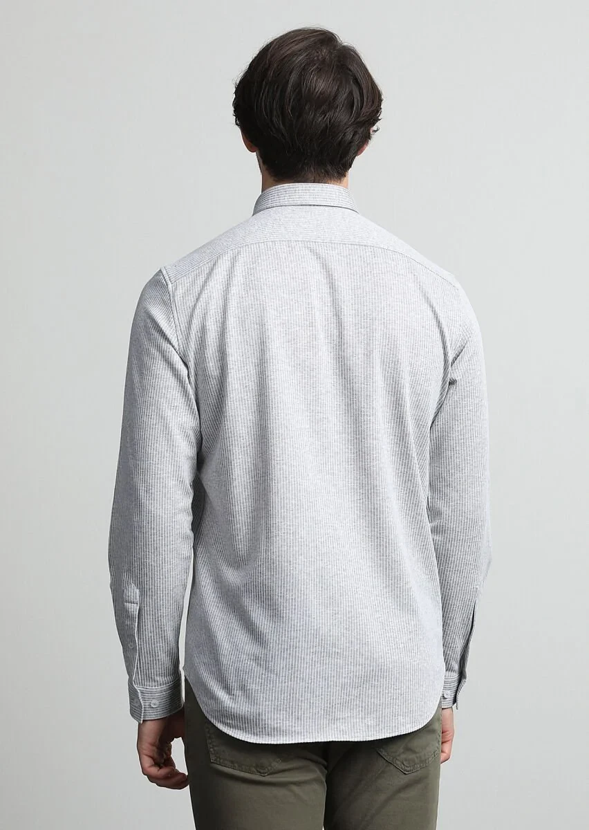 Gri Çizgili Regular Fit Casual %100 Pamuk Gömlek - 4