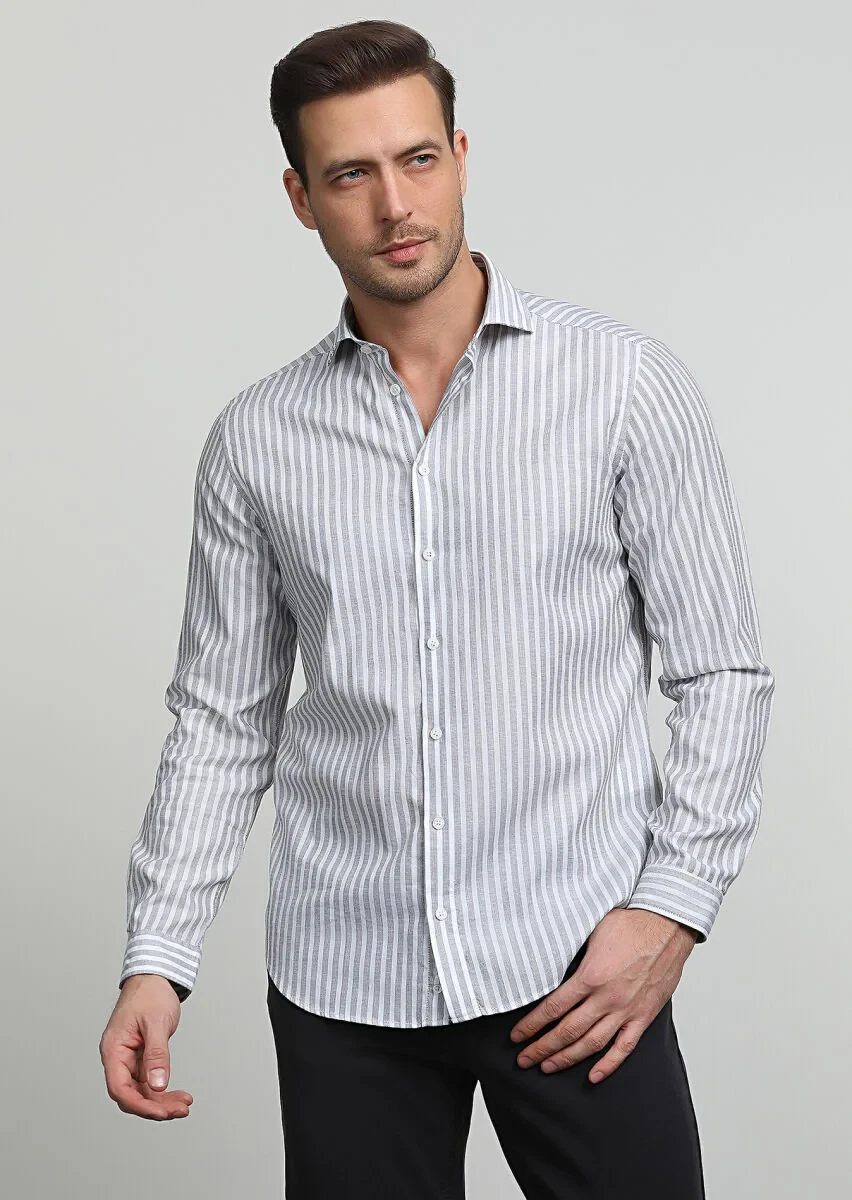 Gri Çizgili Regular Fit Dokuma Casual %100 Pamuk Gömlek - 1